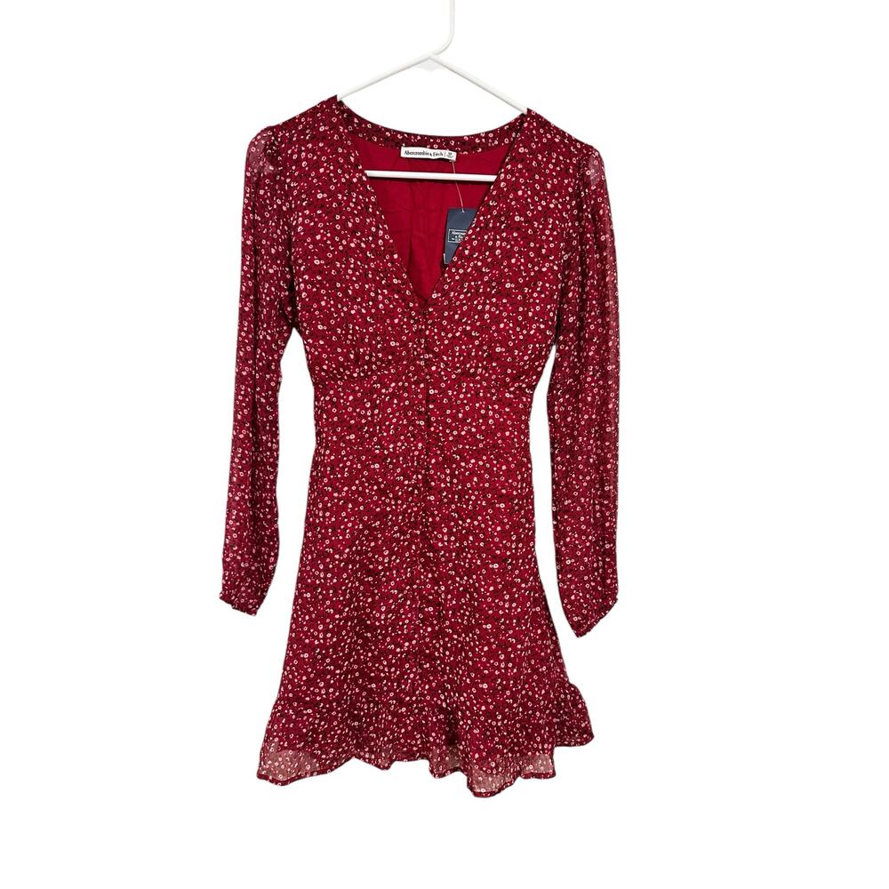 Abercrombie & Fitch Red Ditzy Floral Mini Long Sleeve Dress Size Small P NWT